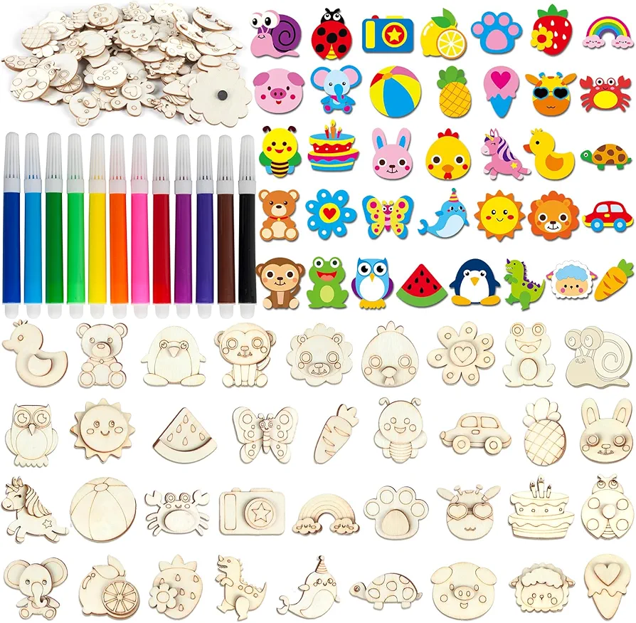 gisgfim 36Pcs DIY Wooden Magnets Painting Kit for Kids Unfinished Wood Cutouts Arts and Crafts for Kids 2-4 4-8 8-12 Decorate Your Own Painting Gift Toys for Boys Girls Birthday Party Favors Supplies