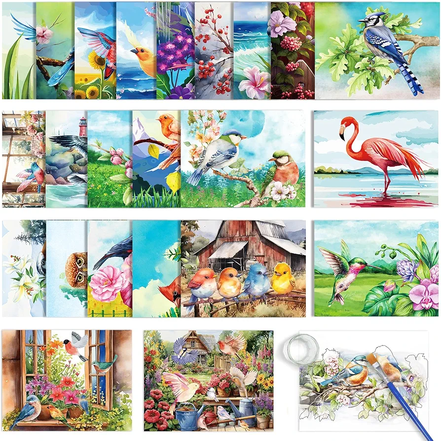 ZOIIWA 24 Pcs Dementia Products for Elderly Reusable Water Painting Toys Birds Dementia Activities for Adults Seniors Dementia Water Doodle Coloring Set Painting Brush for Elderly Drawing Gifts