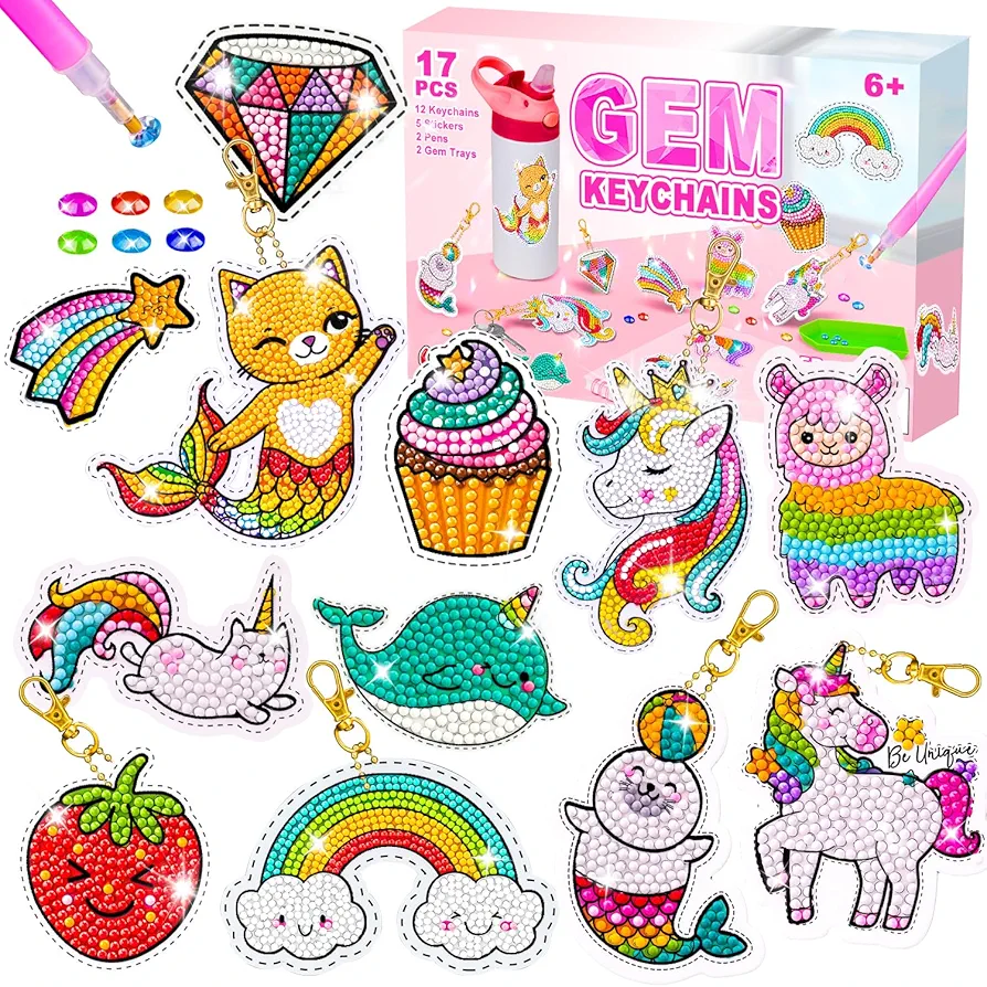 AuntyFey Diamond Art Kits for Kids with Keychains, Diamond Gem Art Kit For Kid, Diamond Gem Painting Stickers, Diamond Art Craft Painting Kit for Kid, Gem Painting Kit for Kid, Crafts for Girls 6-8-12