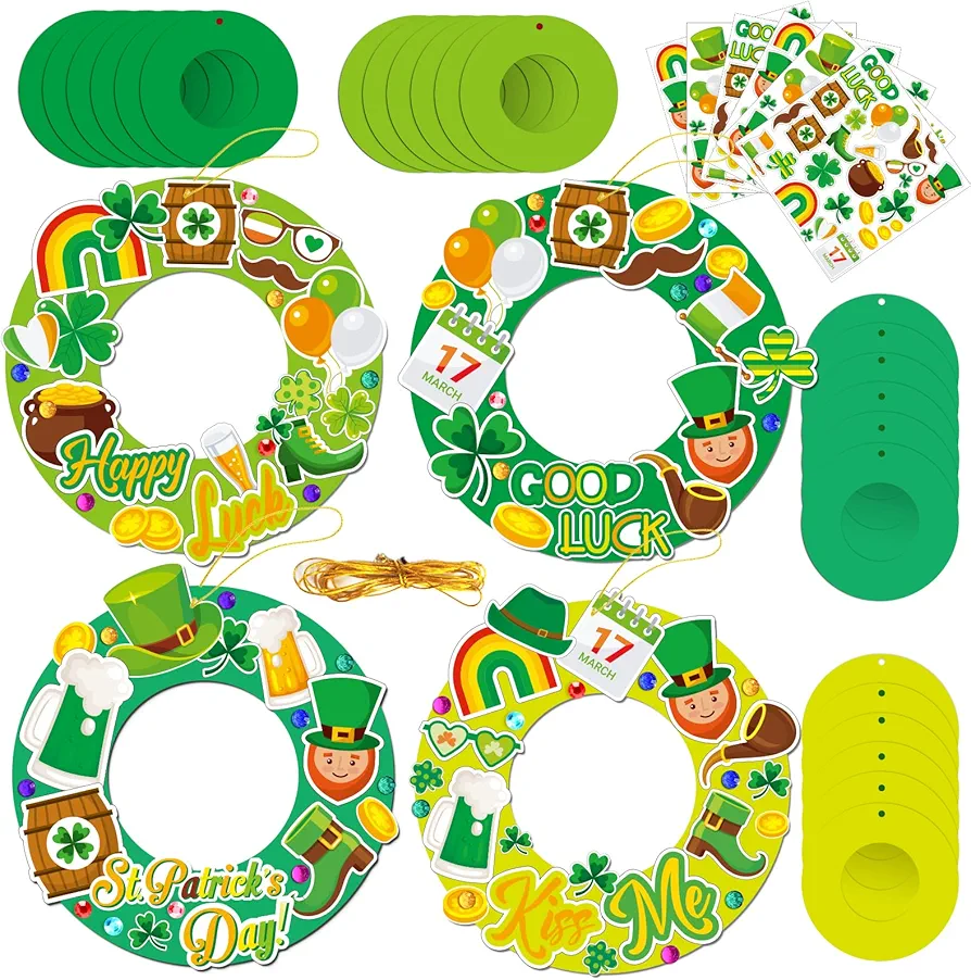 chiazllta 24 Pcs St. Patrick's day Craft for Kids St. Patrick DIY Wreath Ornaments Sign Kits Irish Lucky Shamrock Leprechauns Stickers for Preschool Kindergarten Classroom Home Game Activities