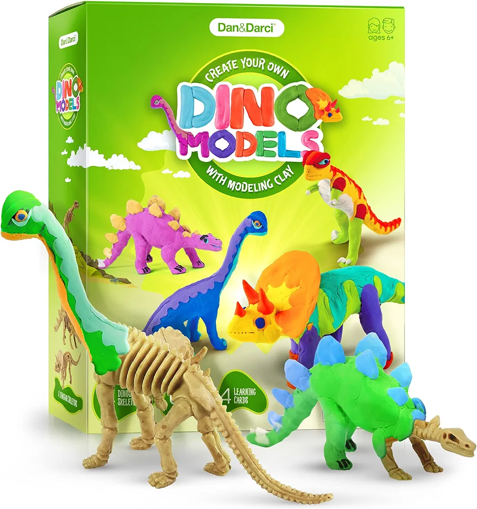 Dino Models, Clay Craft Kit - Dinosaur Arts and Crafts for Kids - Dinosaur Easter Gifts for Boys & Girls - Build 4 Dinos with Air Dry Magic Modeling Clay Model Set Ages 3, 4, 5, 7, 8+ Boy or Girl