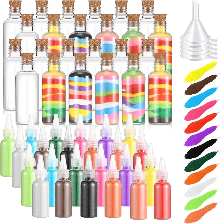 Shappy 24 Pack Sand Art Kits Include 24 Colored Art Sand 24 Pcs 1.7 oz Plastic Sand Art Bottles 10 Pcs Mini Plastic Funnels for Wedding Birthday Party Decoration Arts Crafts Supplies