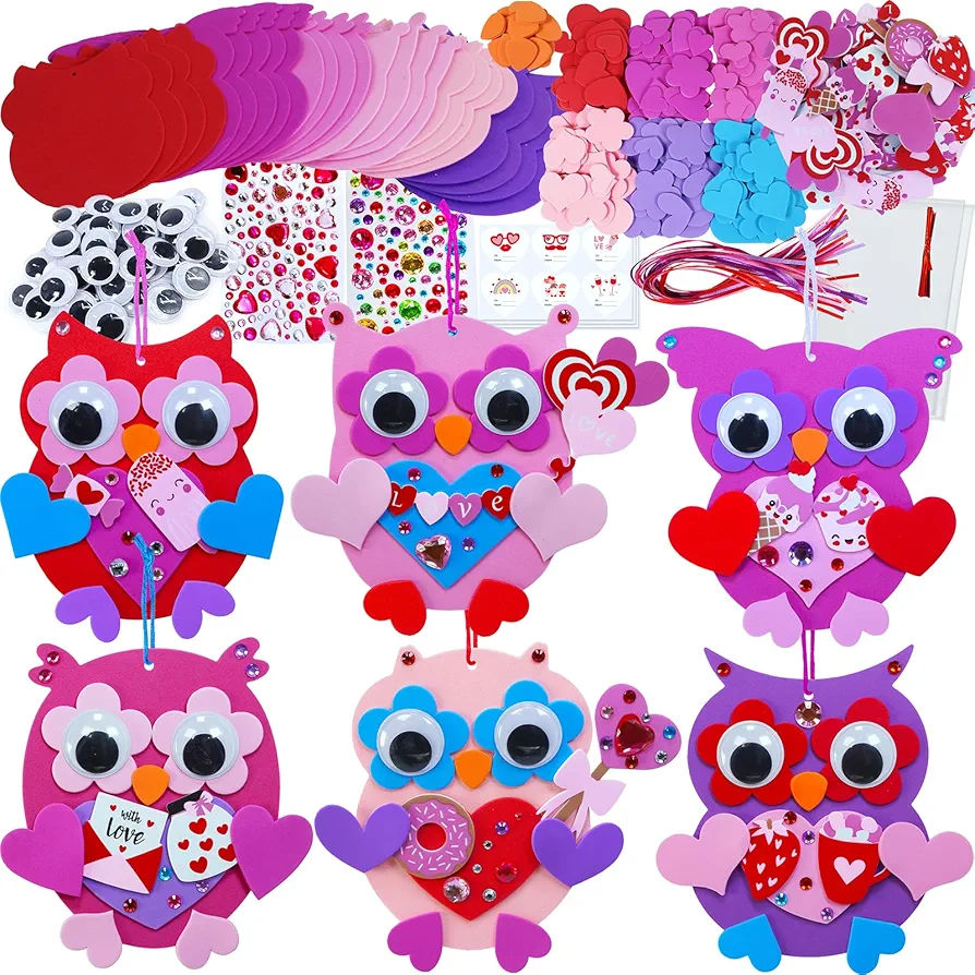 Winlyn Valentine's Day Craft Kit, 24 Sets Heart Owl Ornaments, DIY Decorations Art Sets for Kids Party Classroom Activities Gift Exchange